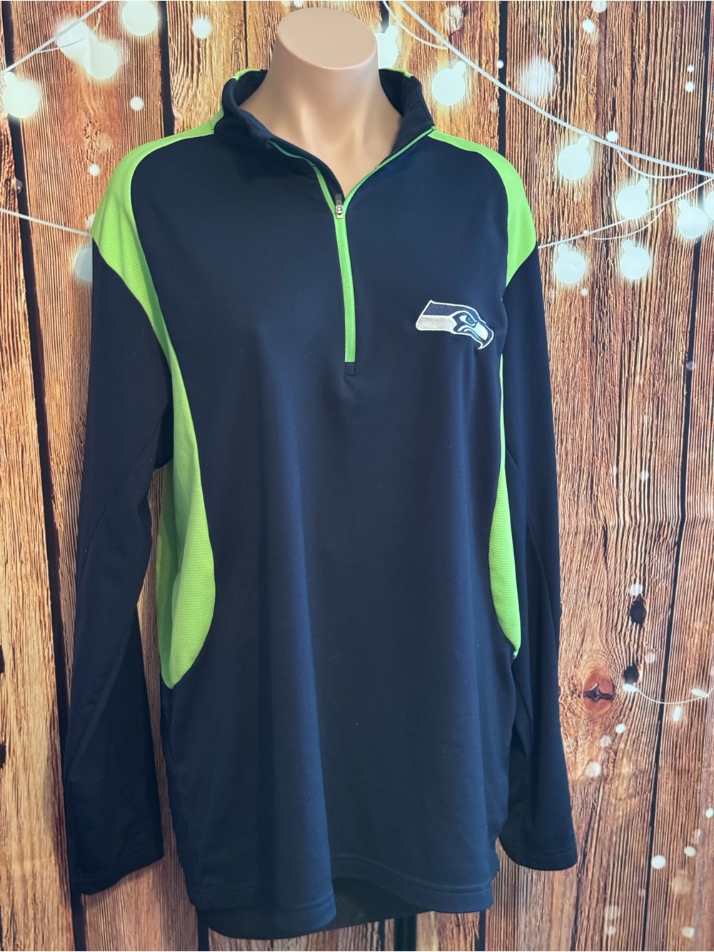 Seattle Seahawks Navy & Neon Green Quarter-Zip Ling Sleeve Pullover